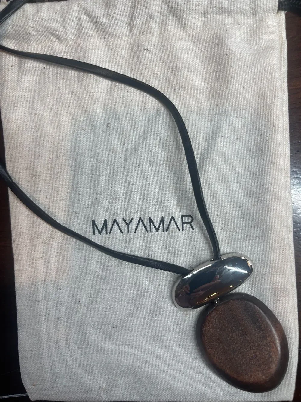 Minimalist Black Leather Necklace with Wood Pendant